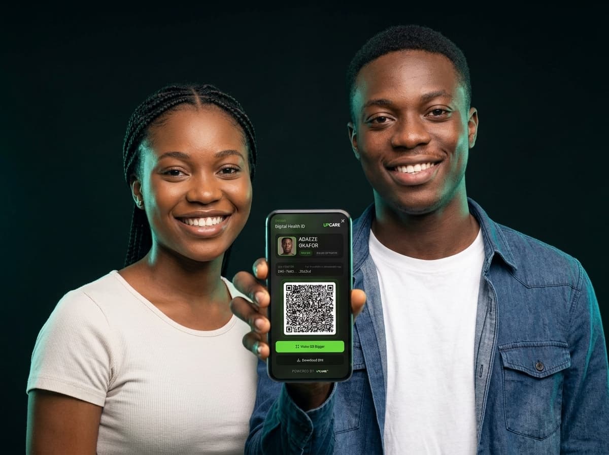 Two young Nigerians smiling warmly, holding up a smartphone displaying the free UpCare Digital Health ID