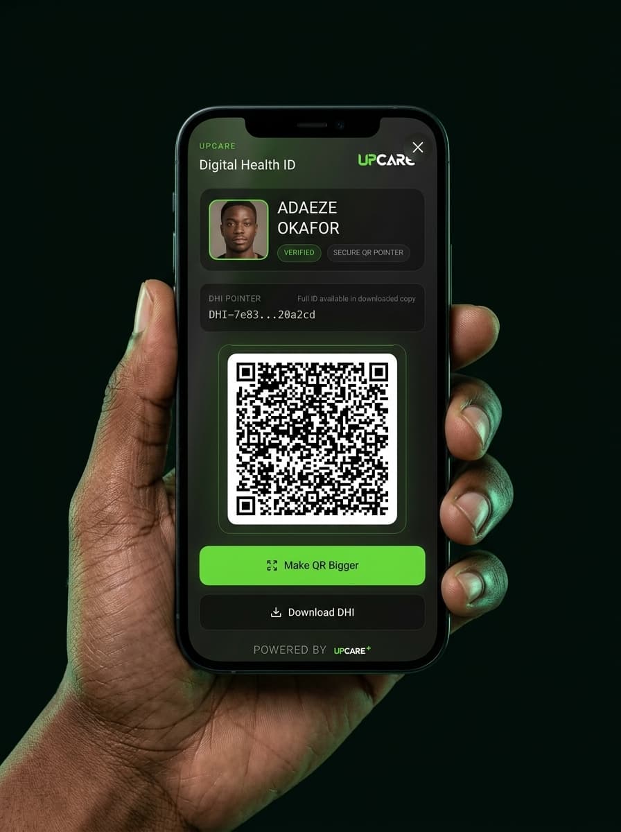UpCare Digital Health ID held on a smartphone by a Nigerian patient