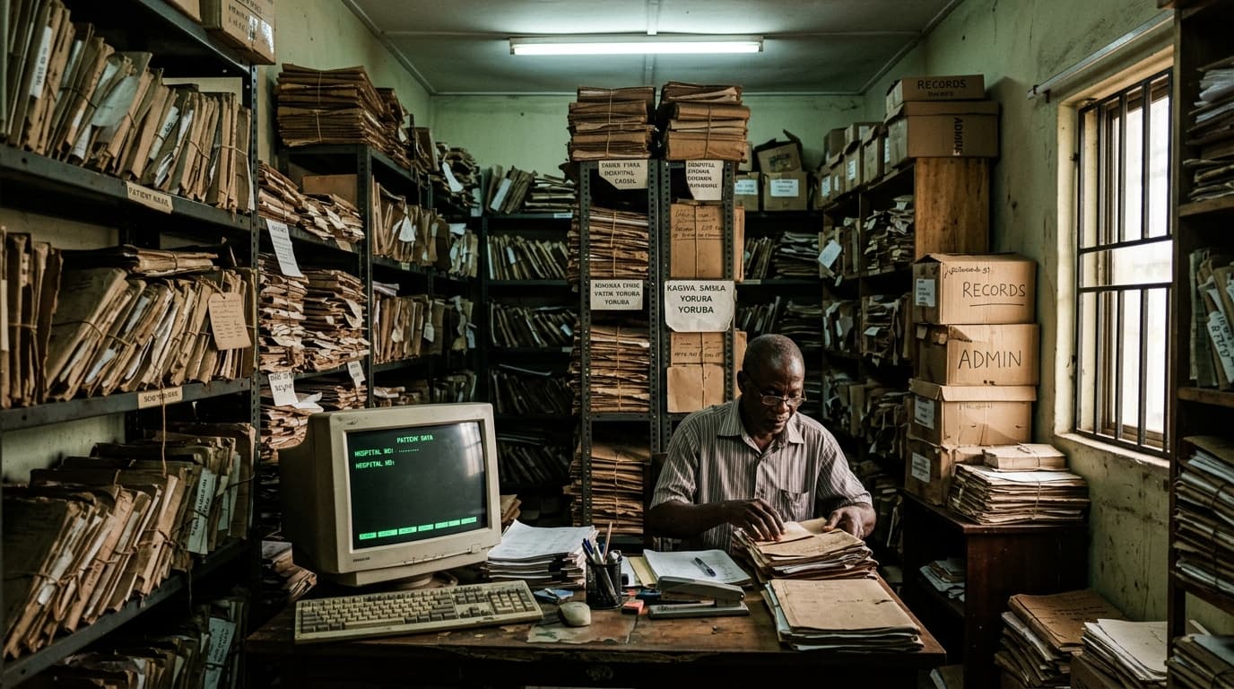 Hospital archive room overflowing with lost paper folders