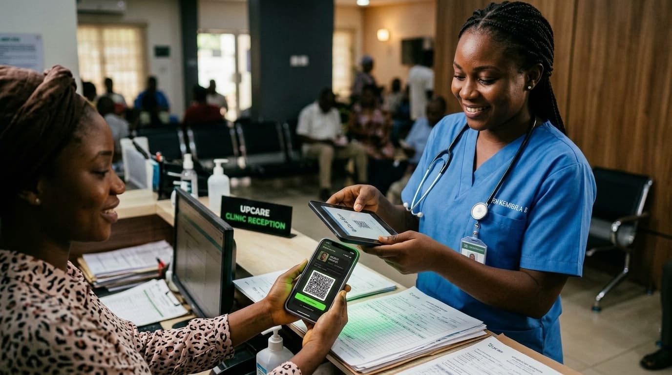 Doctor scanning patient UpCare Digital Health ID on phone at emergency triage